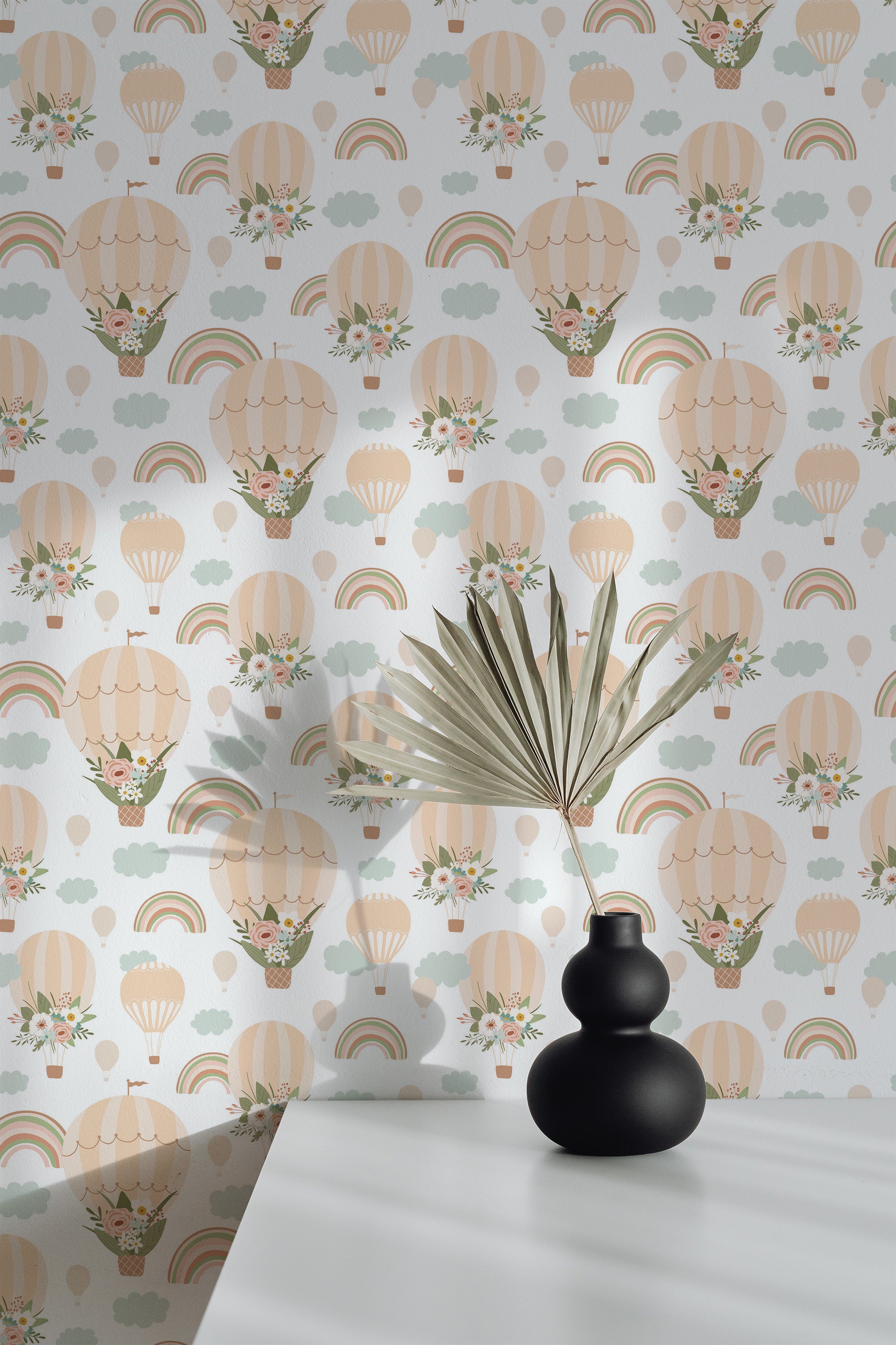 Self-adhesive wallpaper with a whimsical air balloon design, featuring pastel-colored hot air balloons, rainbows, and soft clouds against a white background.