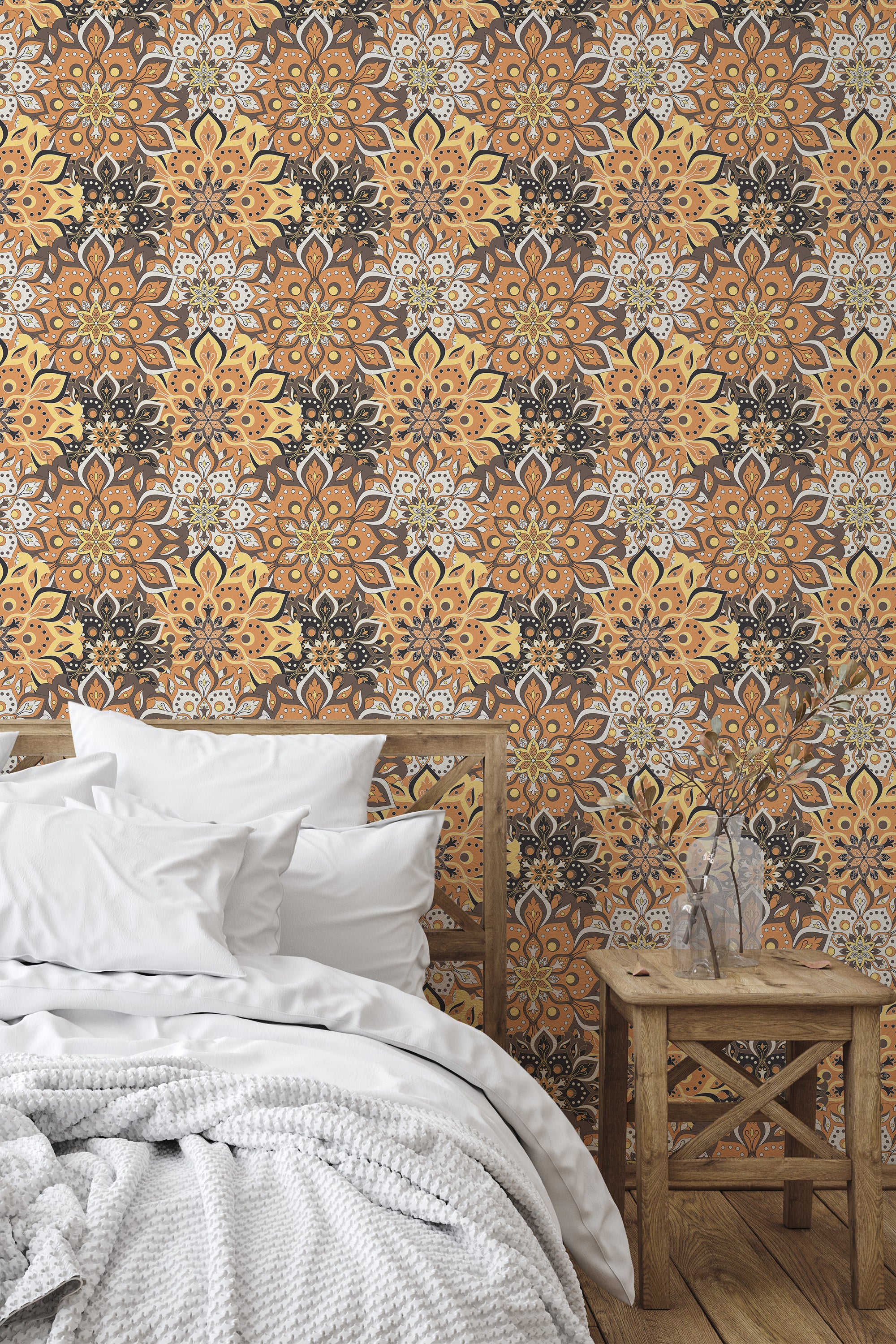 Self-adhesive wallpaper with an intricate colorful mandala pattern featuring symmetrical designs in warm shades of yellow, orange, and brown, accented with details in black and white.