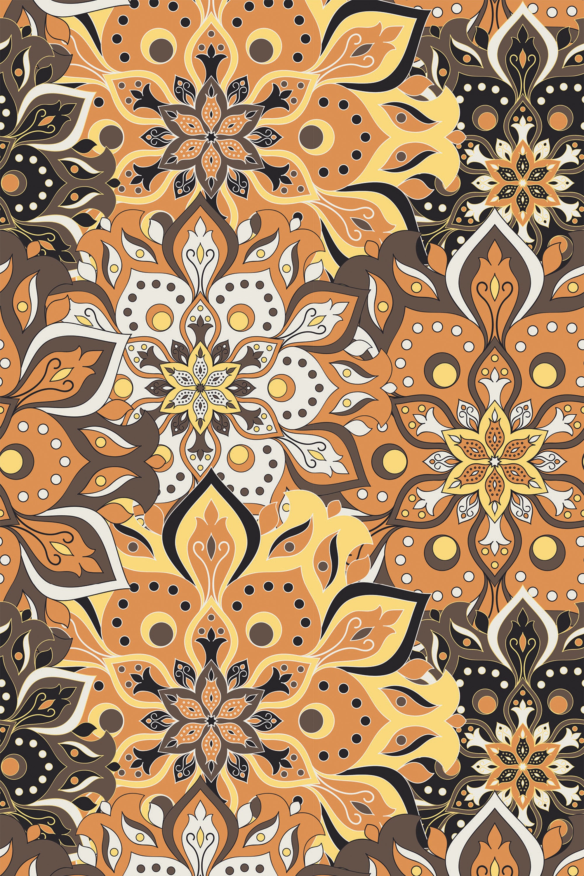 Colorful Mandala pattern with intricate symmetry, showcasing detailed floral and geometric shapes in shades of orange, yellow, black, and white. The design repeats seamlessly across the wallpaper. Peel and stick removable wallpaper.