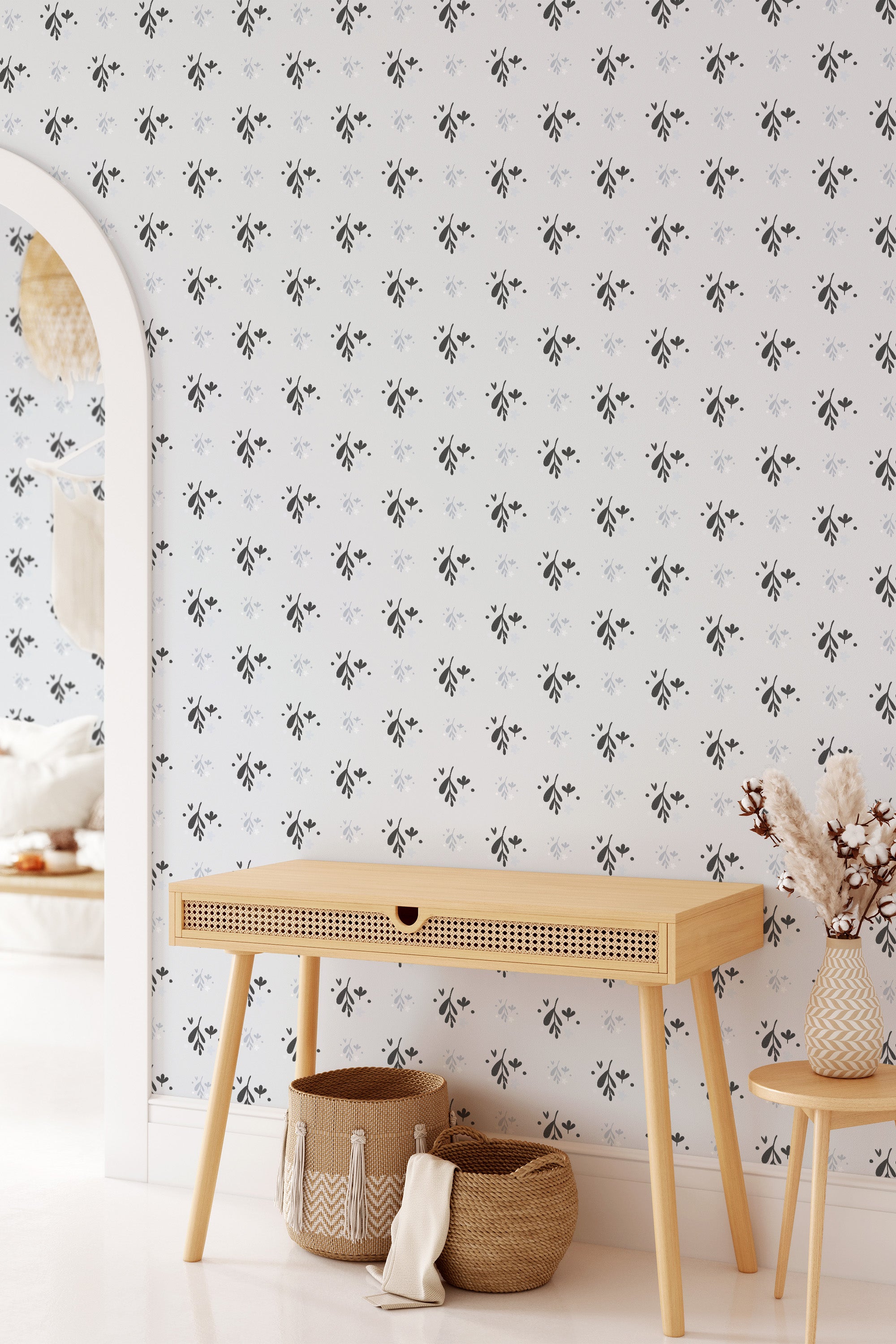 Wallpaper with a subtle pattern of small, sparse leaves in a minimalist design, creating an understated, elegant look. Traditional wallpaper.