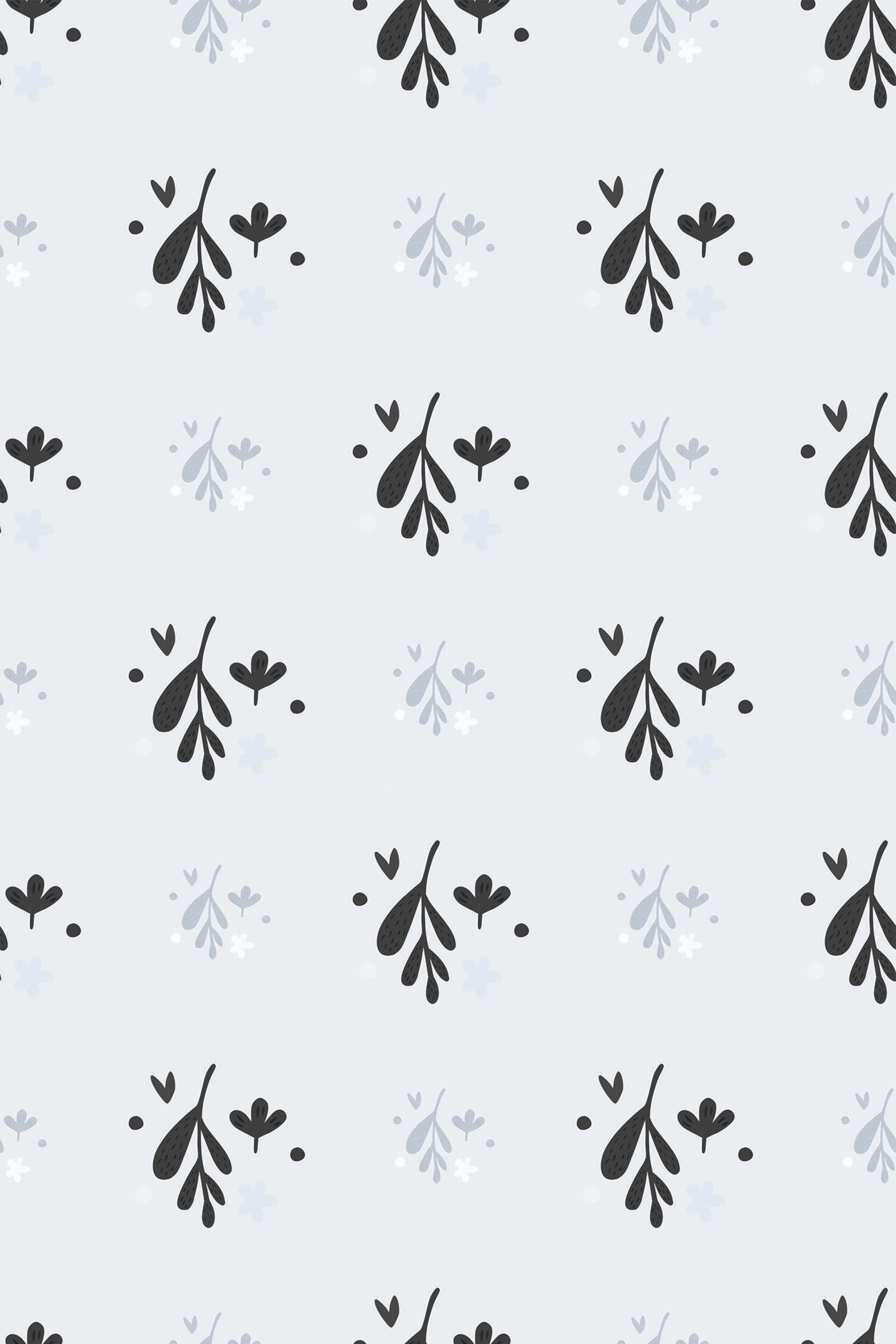 A pattern of minimalistic leaves and small floral elements in black and soft pastel blues on a light background, peel and stick removable wallpaper.