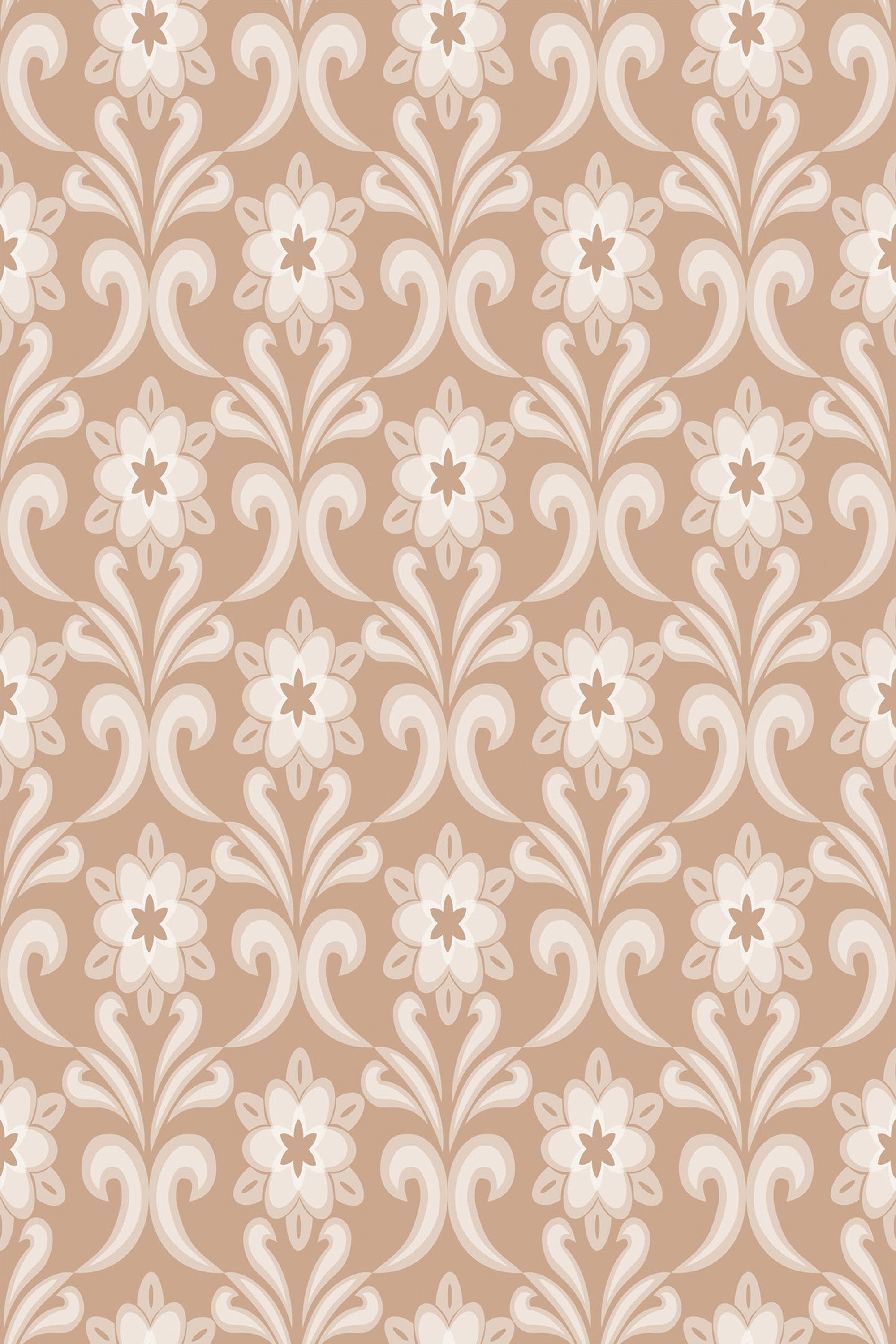 A repeating pattern of cream-colored floral motifs with scrolling accents on a warm beige background, creating a retro damask design. Peel and stick removable wallpaper.