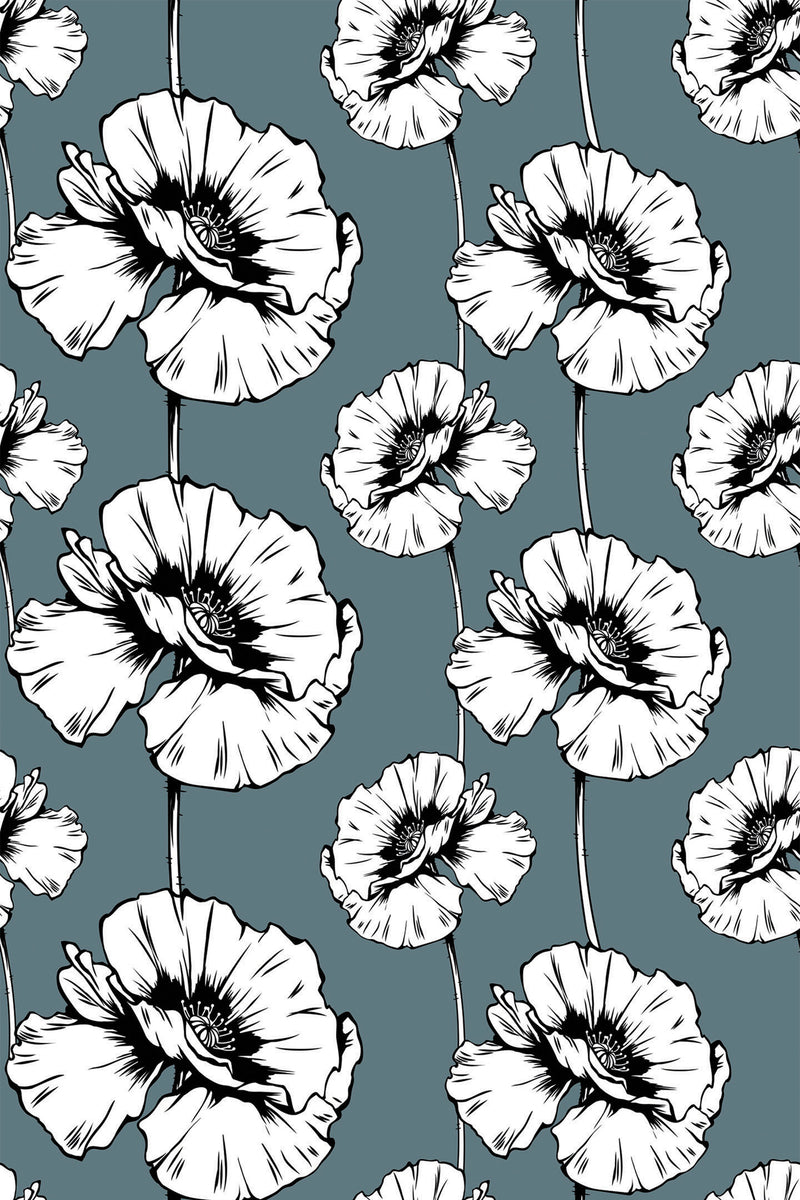 White poppy flowers with black detailing are arranged in a repeating pattern against a muted blue-green background. Thin stems connect the flowers, creating a seamless, elegant look. Peel and stick removable wallpaper.