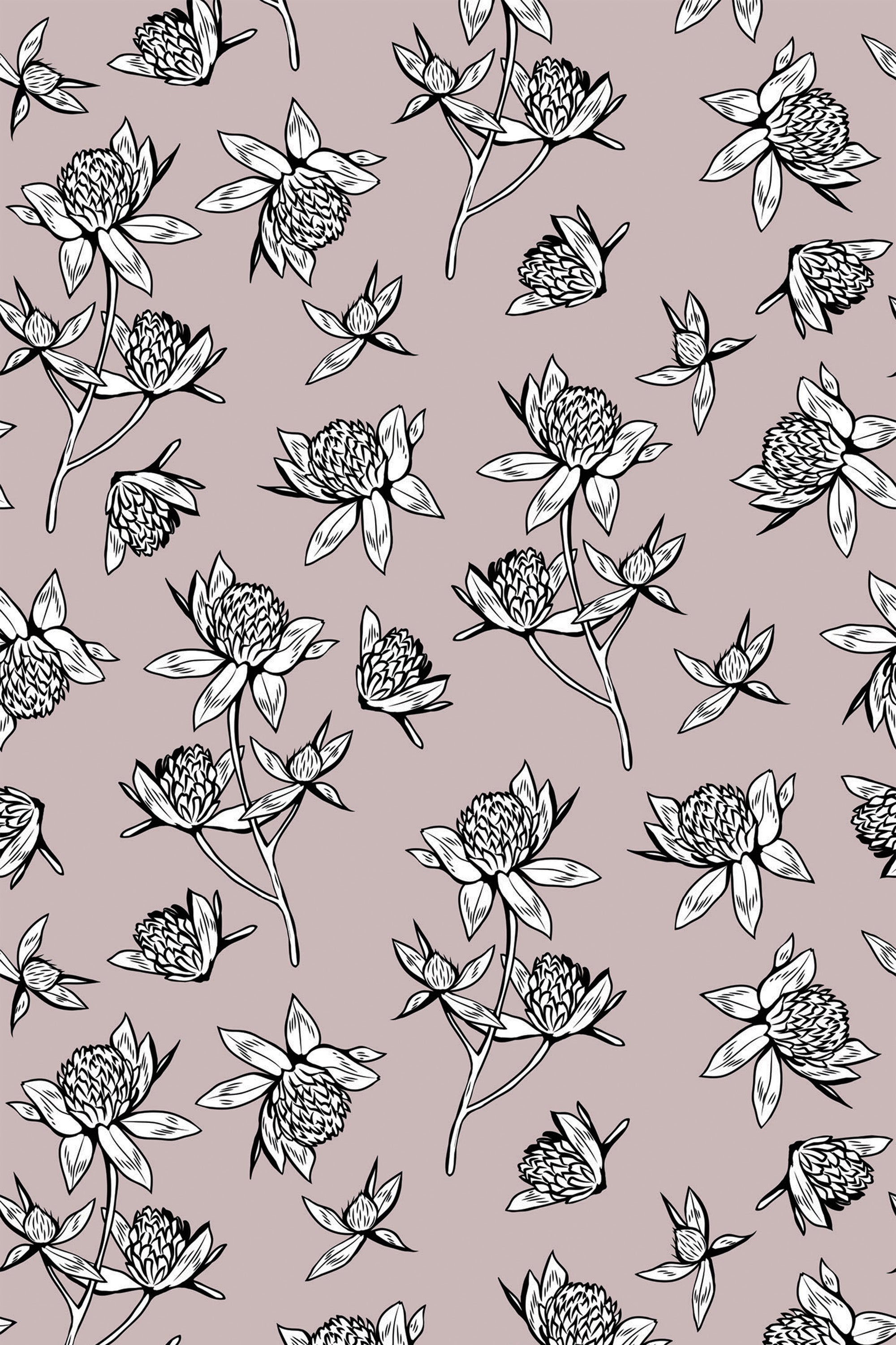 A repeated pattern of delicate floral illustrations with thin black lines on a soft beige background. The flowers appear abstract yet detailed, with a minimalistic design that provides a subtle, elegant aesthetic. Peel and stick removable wallpaper.