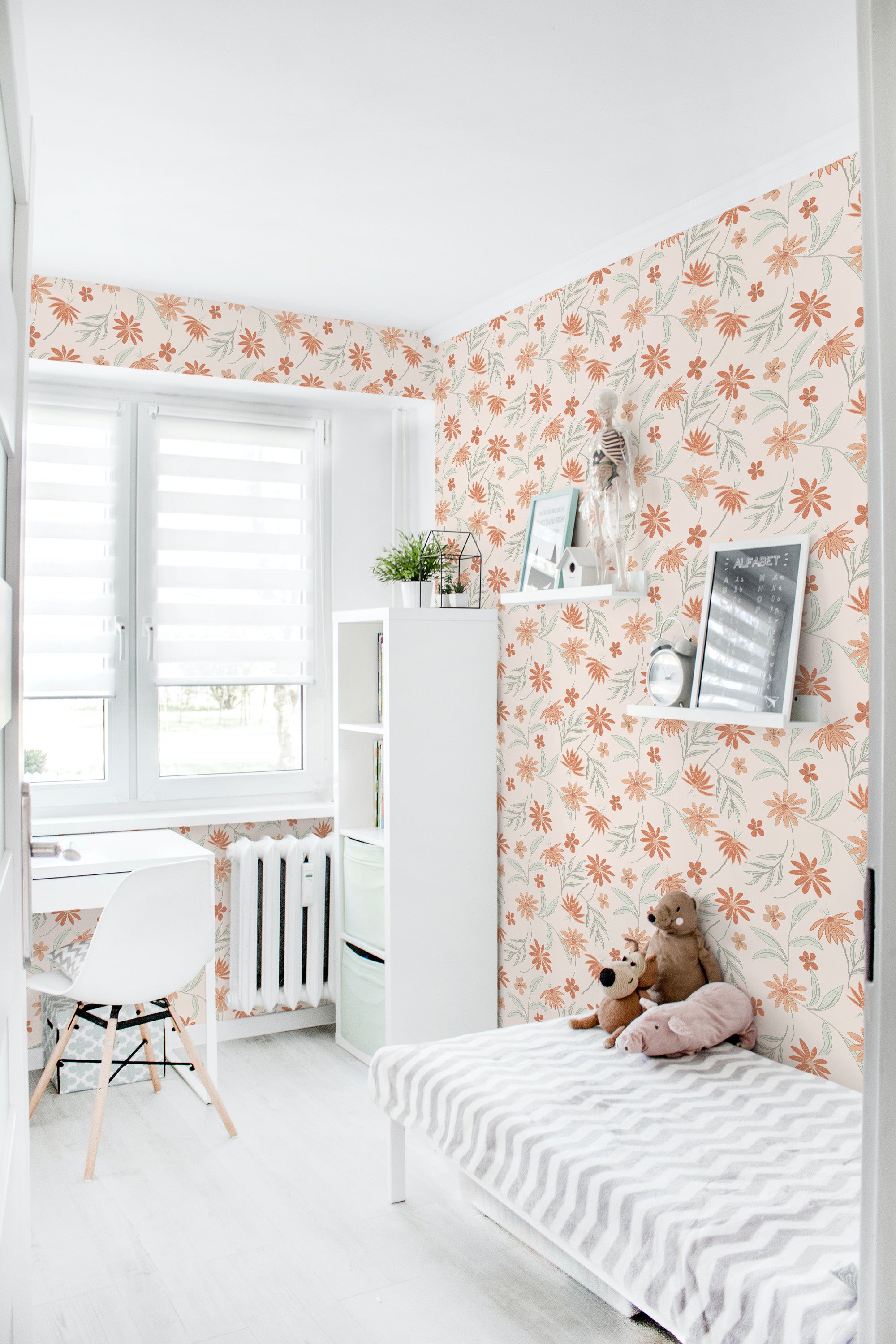 Room with wallpaper adorned with an orange flower pattern that repeats on a white background creating a warm and inviting atmosphere. Traditional wallpaper.