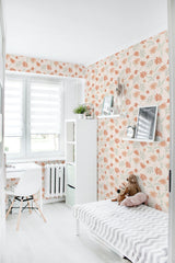 removable wallpaper orange flower pattern kids room desk bed bookshelf toys