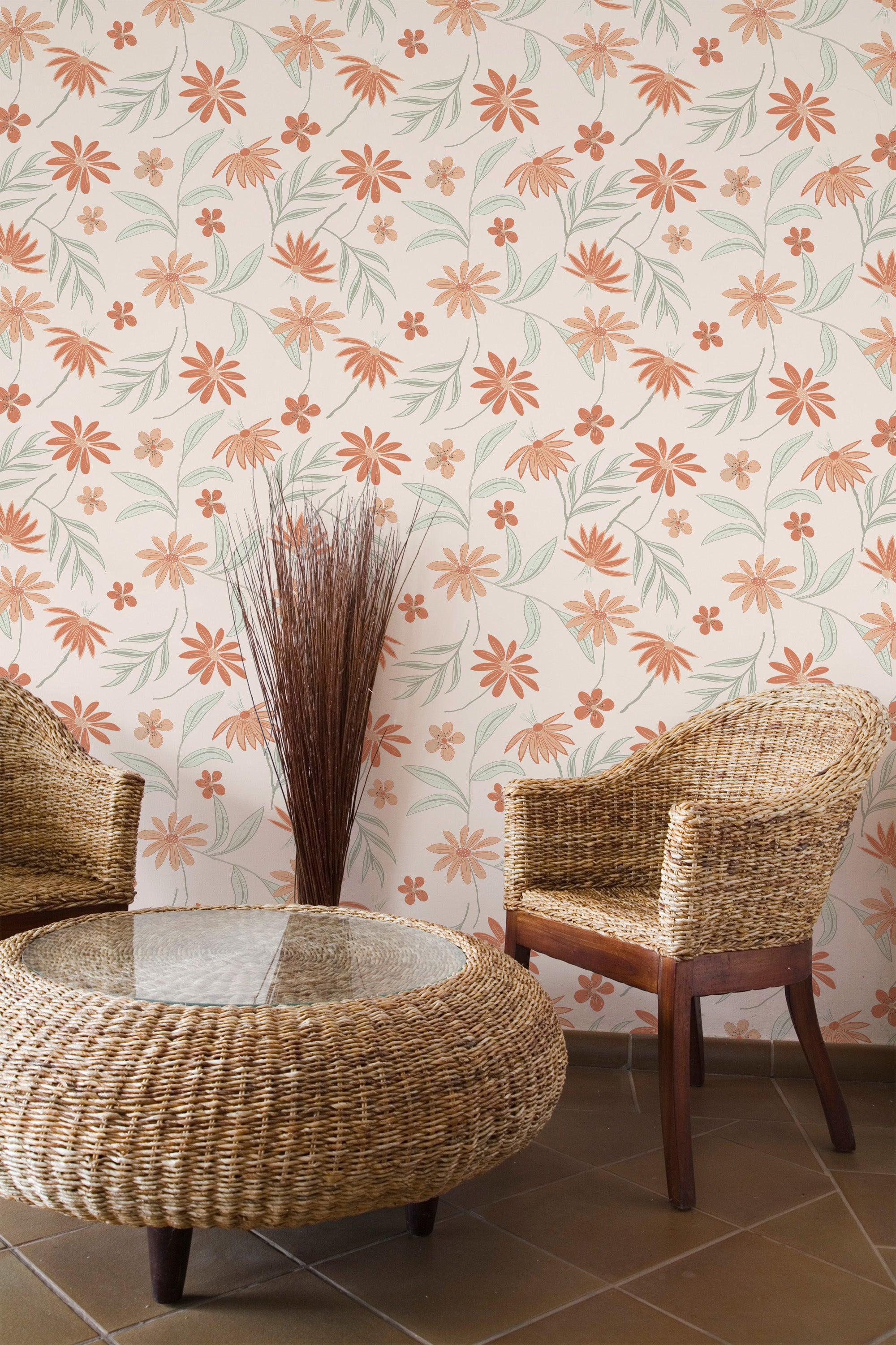 Self-adhesive wallpaper with an Orange Flower design of delicate orange blossoms and pale green leaves on a light cream background, adding warmth and charm to the room.