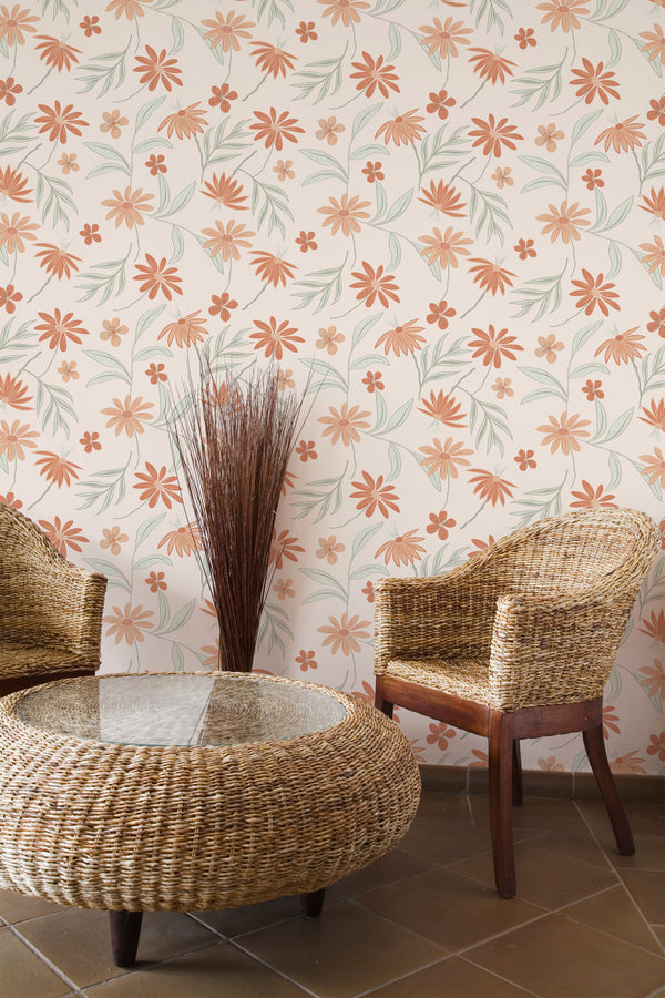 rustic armchairs coffee table lounge orange flower pattern interior