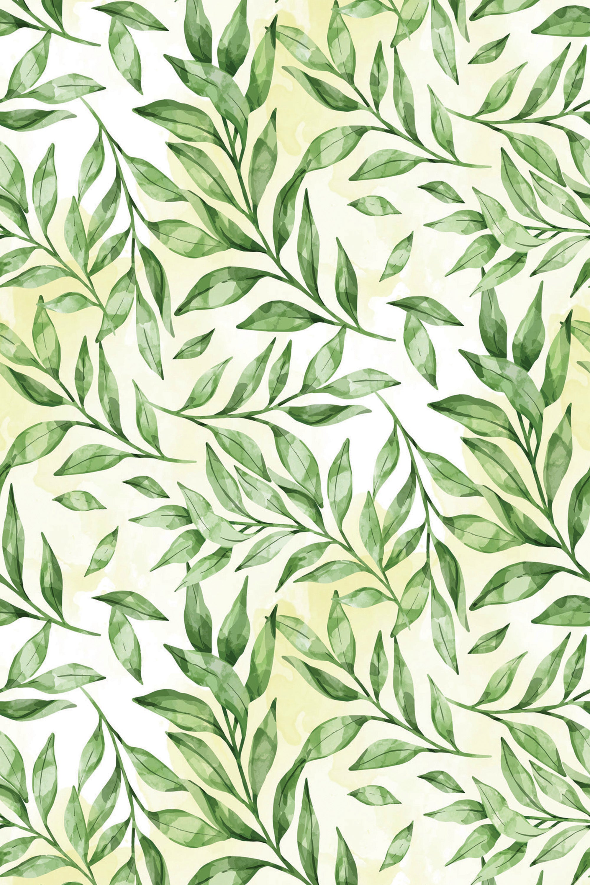 Green watercolor leaves in various shades and shapes are arranged in a seamless pattern against a light background with subtle yellow hues, creating a fresh, natural design. Perfect for adding botanical elements to any space, this peel and stick removable wallpaper brings the essence of nature indoors.