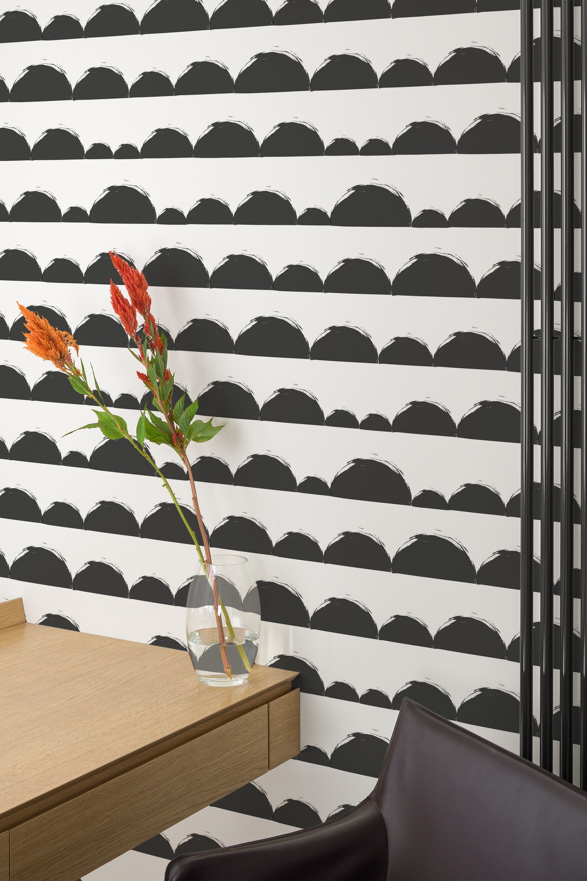 Self-adhesive Bohemian half-circle wallpaper with black, hand-painted semi-circles on a white background.