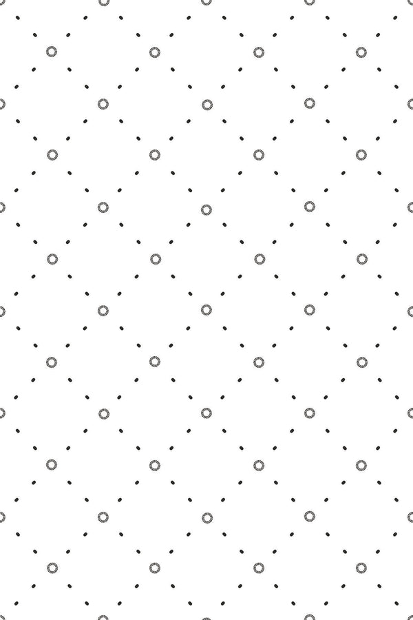 A minimalist wallpaper pattern with small, evenly spaced black dots connected by diagonal lines. The intersections feature small circular dot patterns, creating a subtle, geometric grid on a white background. Peel and stick removable wallpaper.