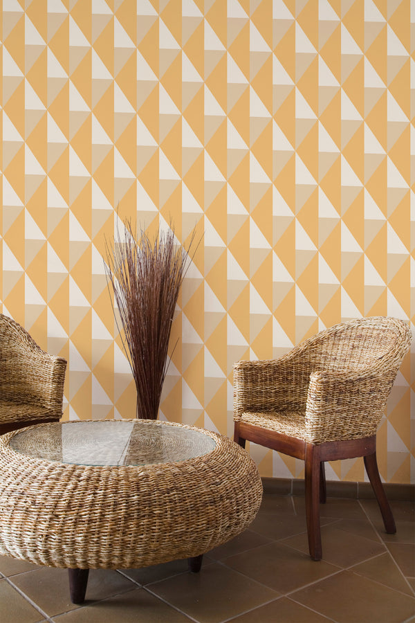 rustic armchairs coffee table lounge orange geometric pattern interior