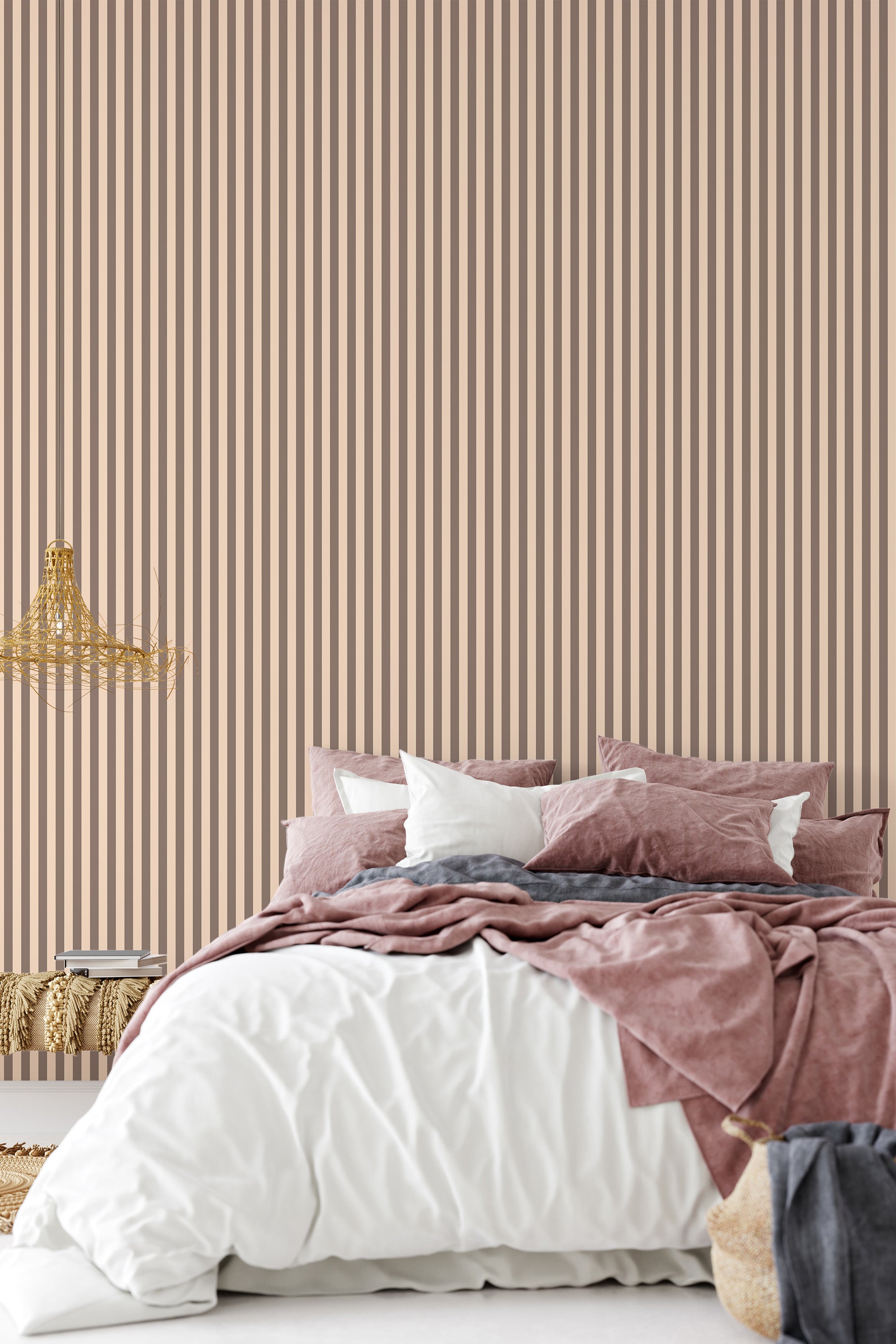 A room with beige and brown narrow vertical striped wallpaper, known as Tiny Stripe, adds a touch of traditional wallpaper.