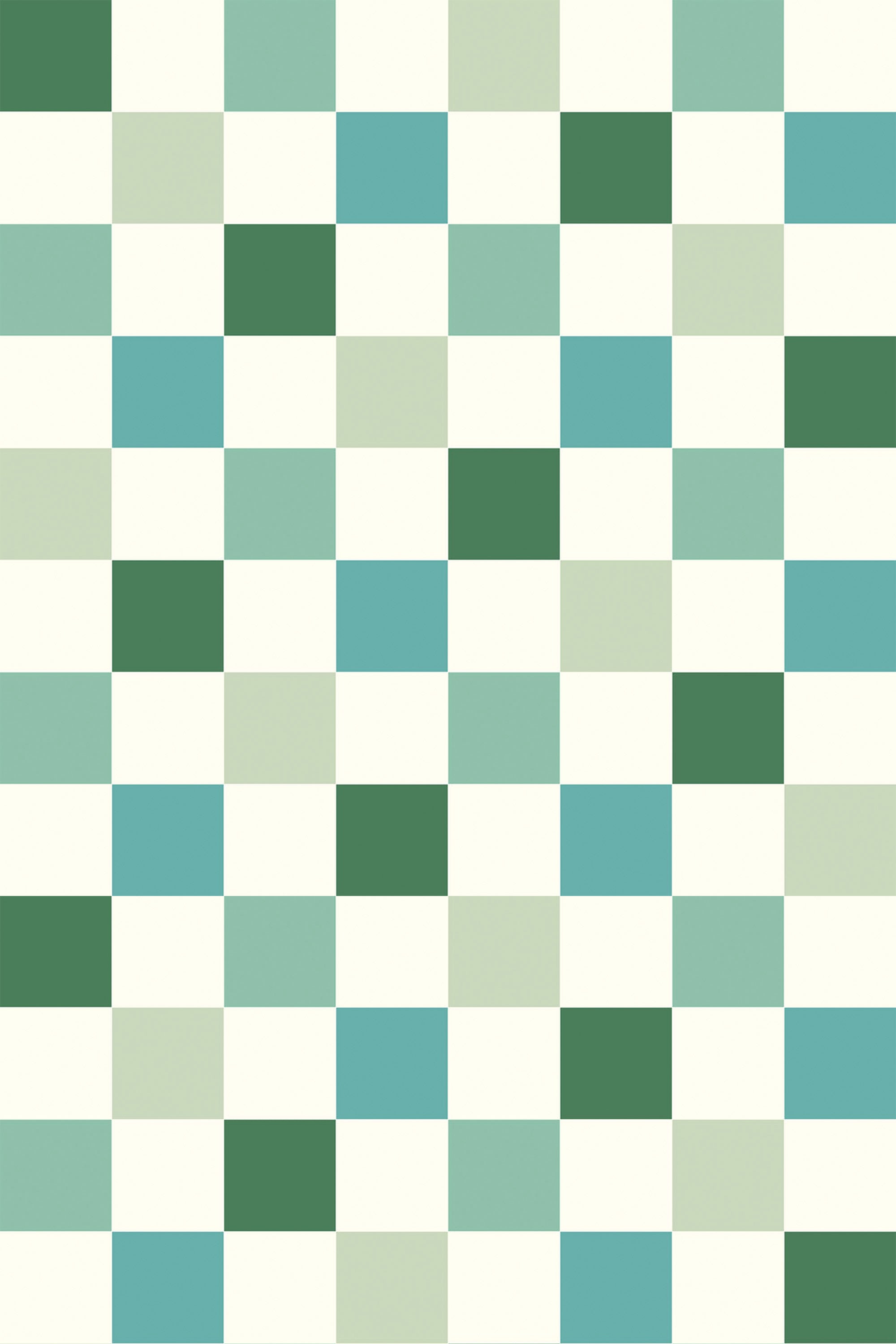 A repeating pattern of evenly spaced green and blue checks on a light cream background. Peel and stick removable wallpaper.