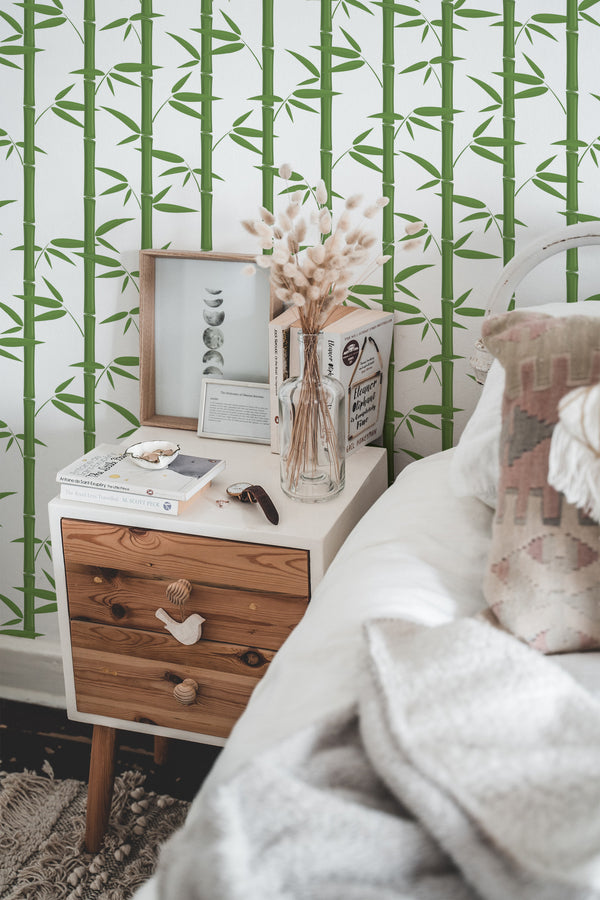 chic bedroom interior nightstand picture frame decor green bamboo traditional wallpaper