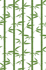 Green bamboo stalks with scattered leaves on a white background. The pattern repeats vertically, creating a natural and soothing design. Peel and stick removable wallpaper.