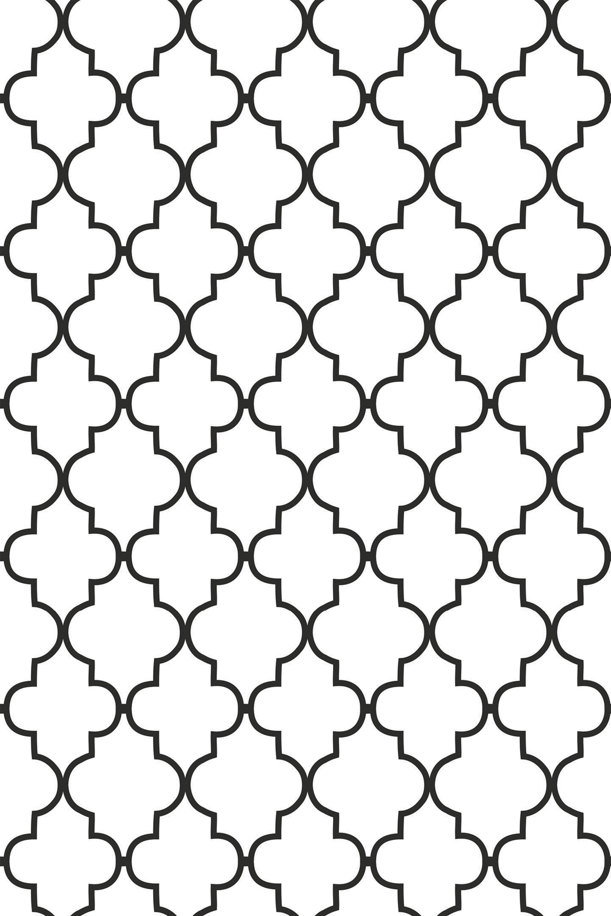 Black and white geometric trellis pattern with interlocking shapes that create a classic, minimalist look. Peel and stick removable wallpaper.