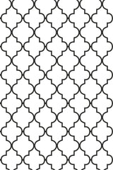 Black and white geometric trellis pattern with interlocking shapes that create a classic, minimalist look. Peel and stick removable wallpaper.