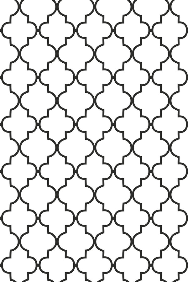 Black and white geometric trellis pattern with interlocking shapes that create a classic, minimalist look. Peel and stick removable wallpaper.