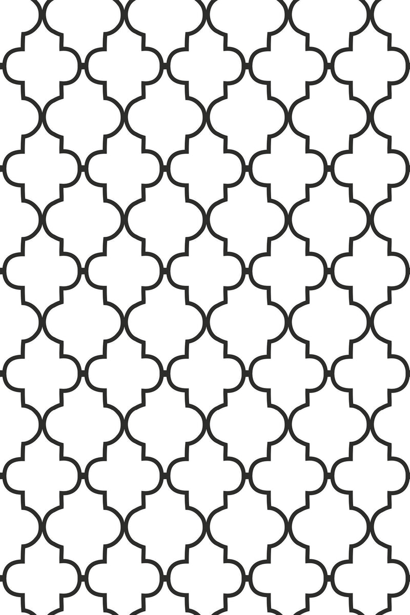 Black and white geometric trellis pattern with interlocking shapes that create a classic, minimalist look. Peel and stick removable wallpaper.