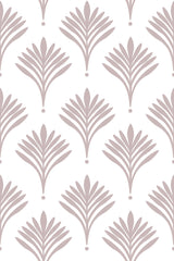 A repeating Art Deco pattern with stylized fan-like motifs in soft beige on a white background. Peel and stick removable wallpaper.