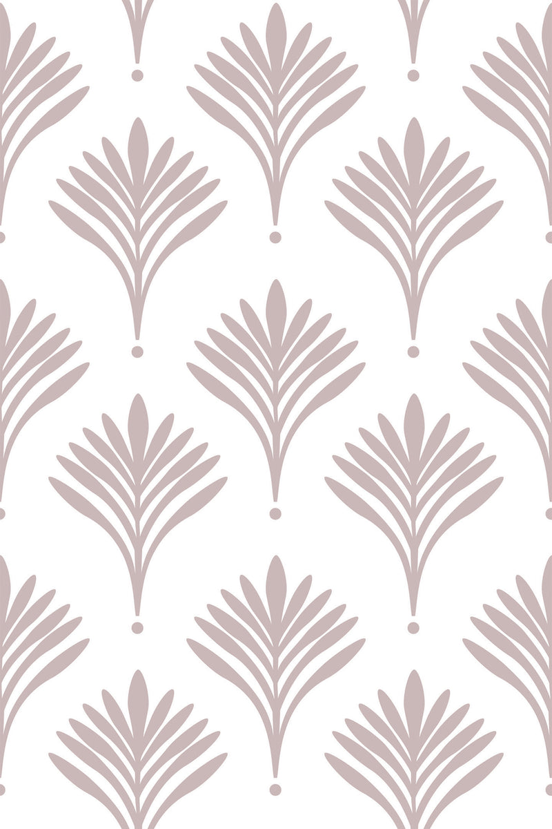 A repeating Art Deco pattern with stylized fan-like motifs in soft beige on a white background. Peel and stick removable wallpaper.