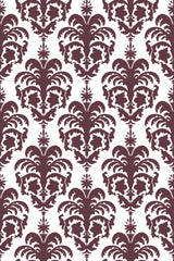 Repeating pattern with bold maroon floral and leaf-like motifs against a white background, Colonial style peel and stick removable wallpaper.