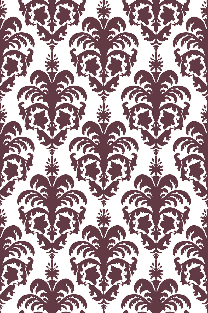 Repeating pattern with bold maroon floral and leaf-like motifs against a white background, Colonial style peel and stick removable wallpaper.