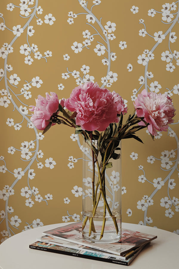 peonies magazines coffee table modern interior chinoiserie wall paper peel and stick