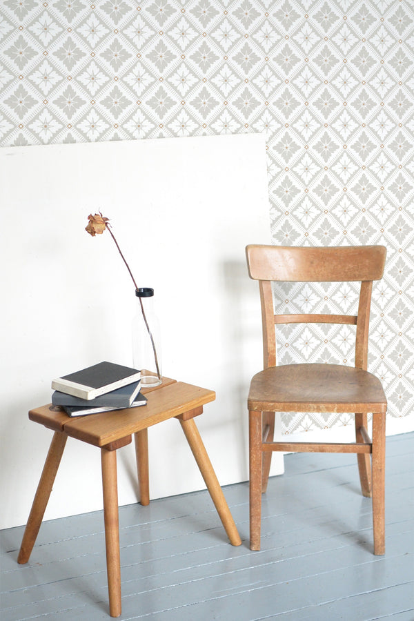wooden table chair decorative plant blank canvas neutral vintage tile self adhesive wallpaper