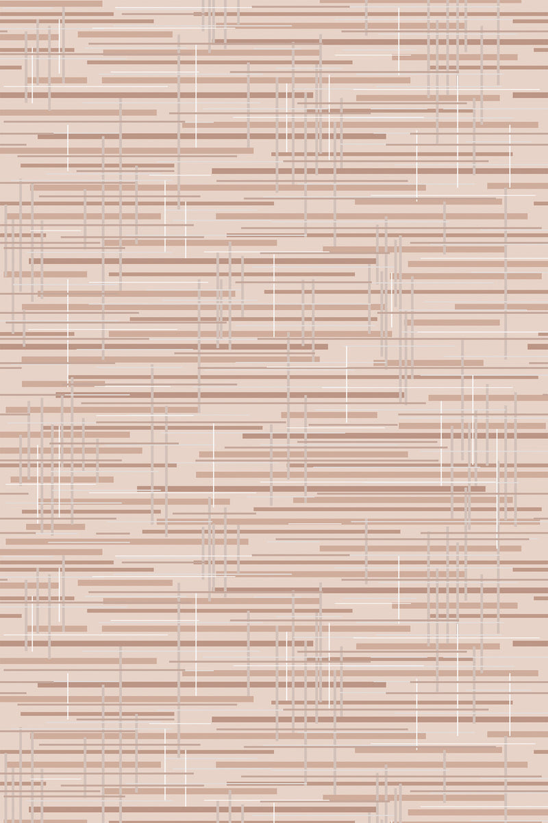 A Pink abstract texture with horizontal lines and random geometric shapes in varying shades of beige and brown. Peel and stick removable wallpaper.