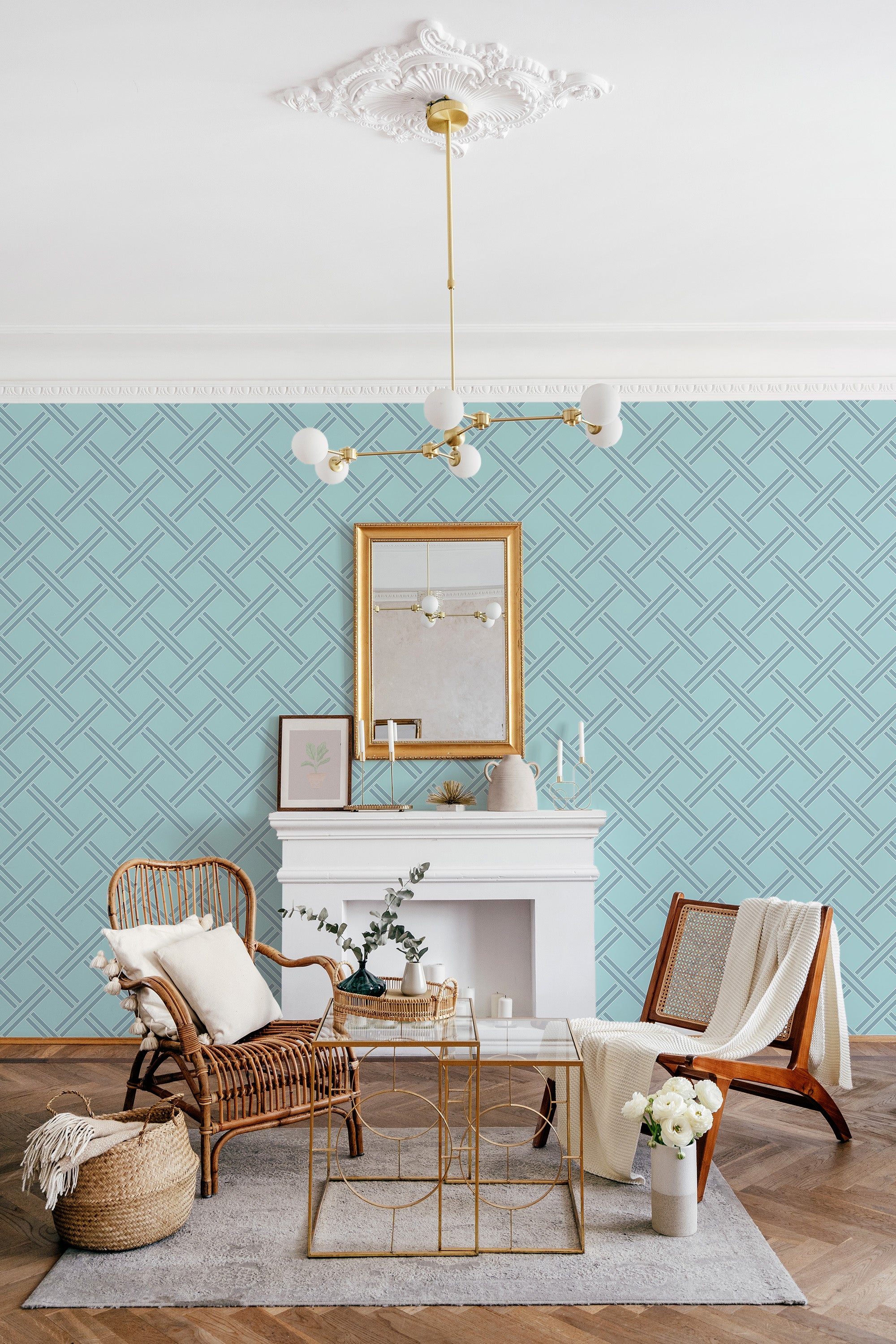 Light blue geometric wallpaper with an interlocking pattern of elongated, curved shapes arranged diagonally, creating a subtle sense of movement and sophistication. The design adds a contemporary touch to the room while maintaining a classic aesthetic. A perfect choice for those seeking a blend of modern and traditional wallpaper.