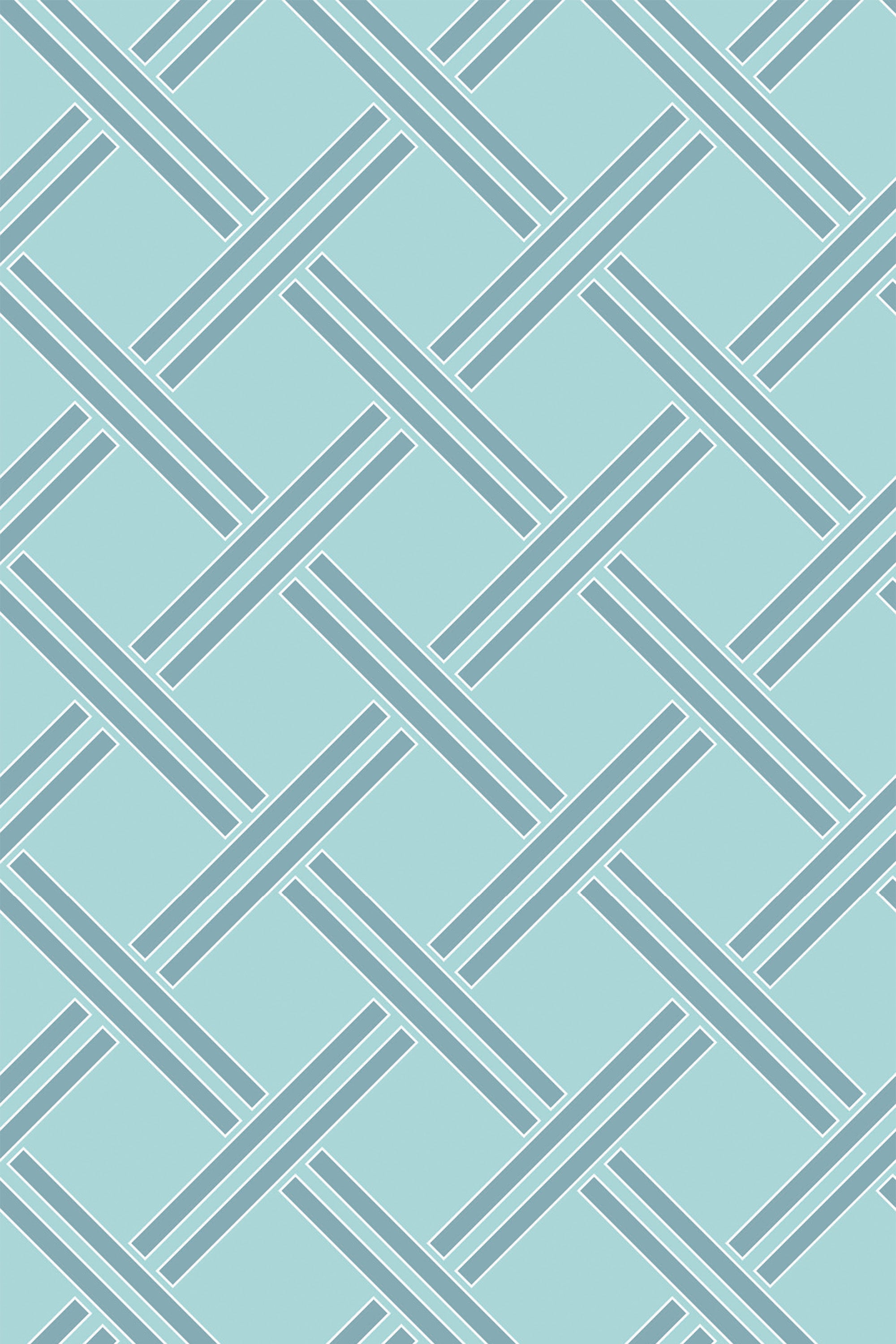 Light blue geometric wallpaper with a pattern of interlocking linear shapes creating a modern, symmetrical design on a solid blue background. Peel and stick removable wallpaper.