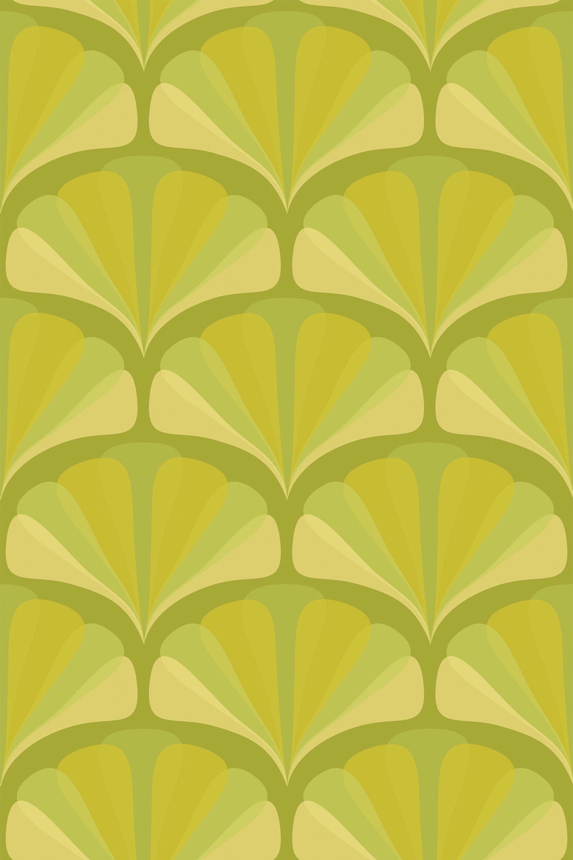 Green arch wallpaper with a repeating pattern of symmetrical, fan-shaped arches in various shades of green and yellow. Peel and stick removable wallpaper.