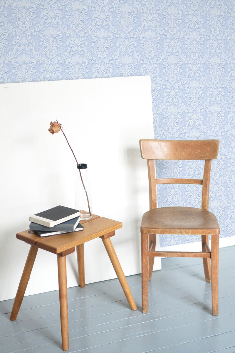 wooden table chair decorative plant blank canvas light blue damask self adhesive wallpaper
