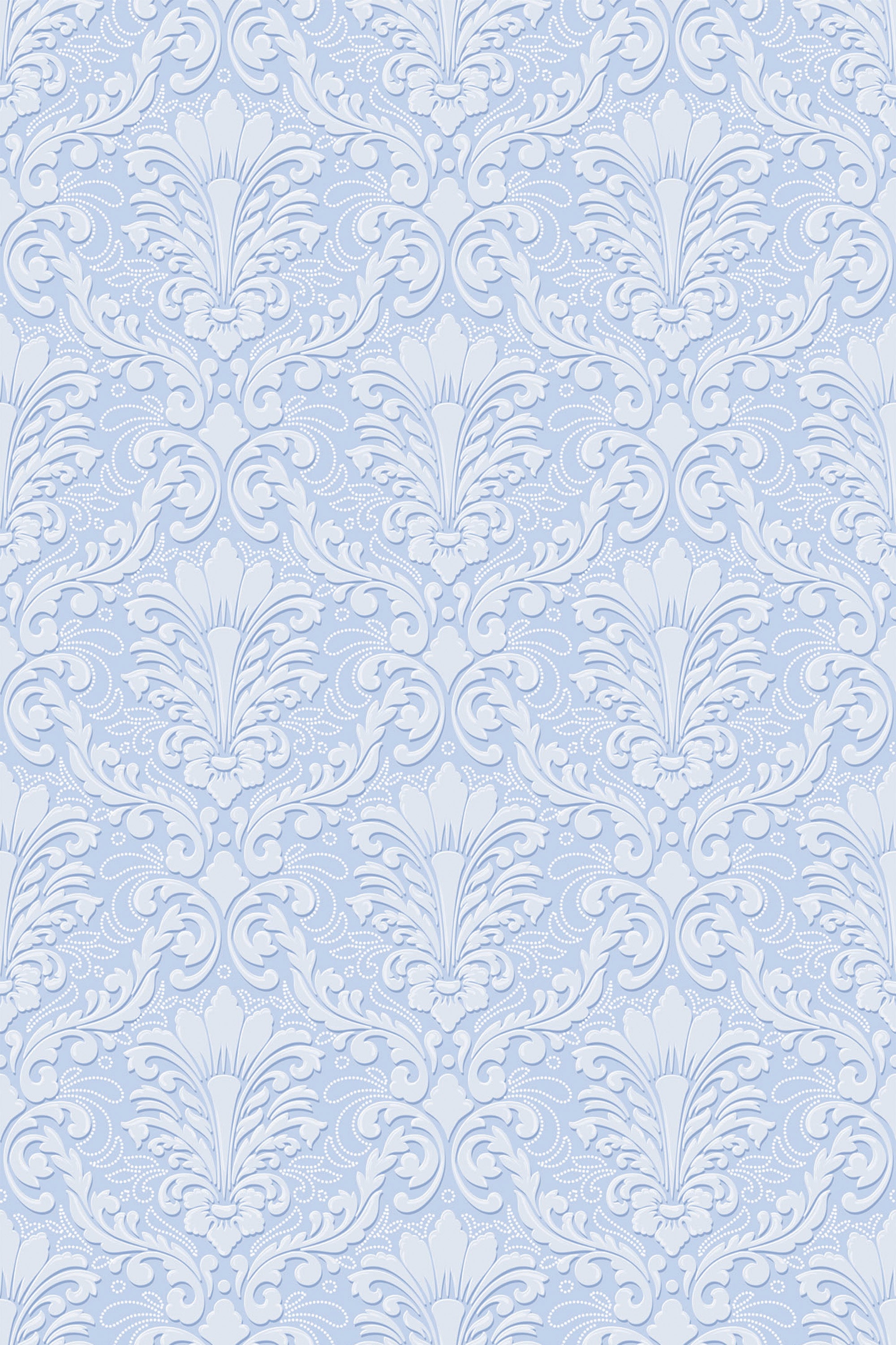 Light blue damask pattern with intricate floral and scroll motifs on a soft background, providing an elegant and classic look. Peel and stick removable wallpaper.