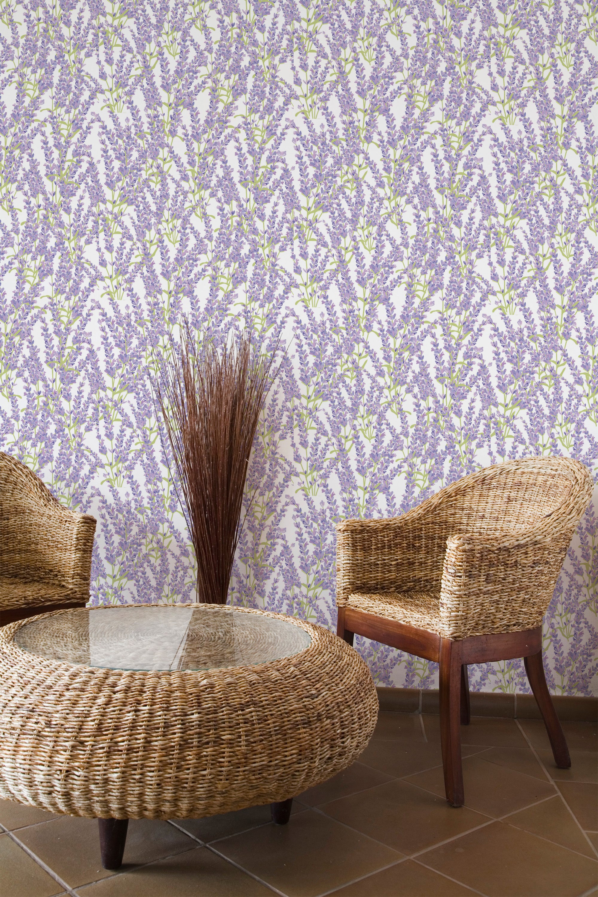 Self-adhesive wallpaper with delicate lavender sprigs and green leaves on a white background, creating a soothing botanical pattern.