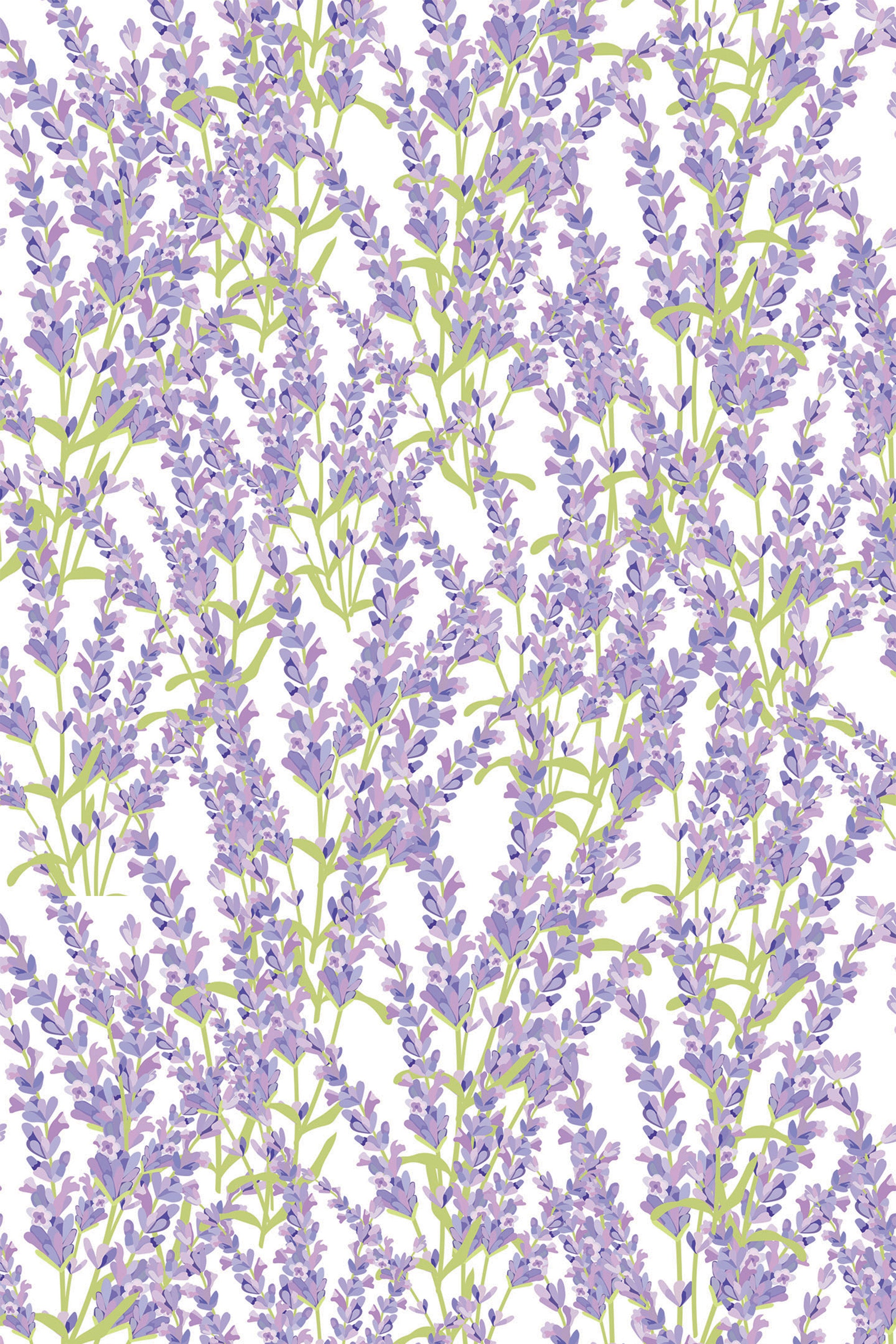Lavender-themed pattern with delicate, purple lavender sprigs and green stems against a white background, creating a soothing and natural look. Peel and stick removable wallpaper.