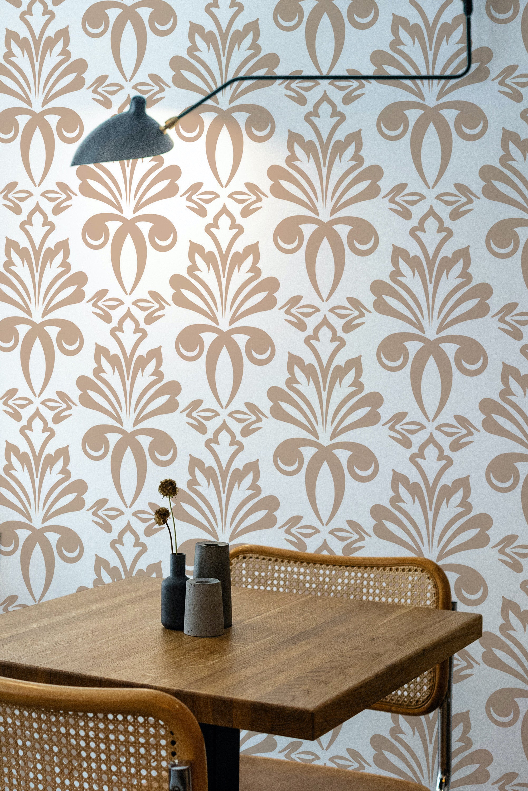 Self-adhesive Victorian ornamental wallpaper in a soft beige color with intricate, symmetrical floral patterns that evoke a classic, elegant atmosphere for the room.