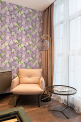 wallpaper stick and peel lilac pattern modern armchair lamp table reading area