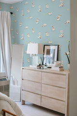         
peel and stick wallpaper puppy accent wall bedroom dresser mirror minimalist interior