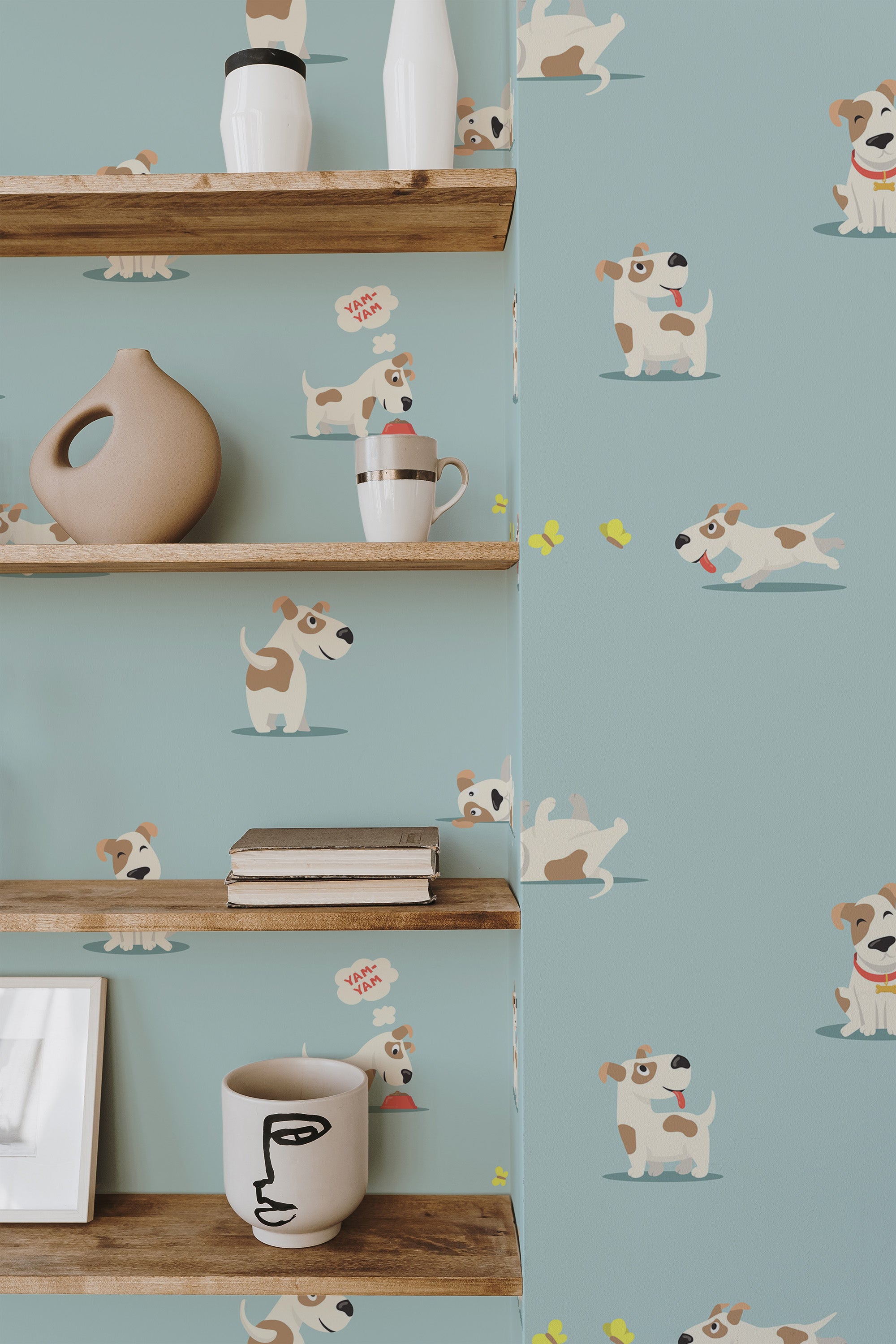 Self-adhesive wallpaper with a playful puppy design, displaying dogs in various poses against a light teal background. The puppies are illustrated in different shades of beige, white, and brown, with expressions of joy and curiosity.