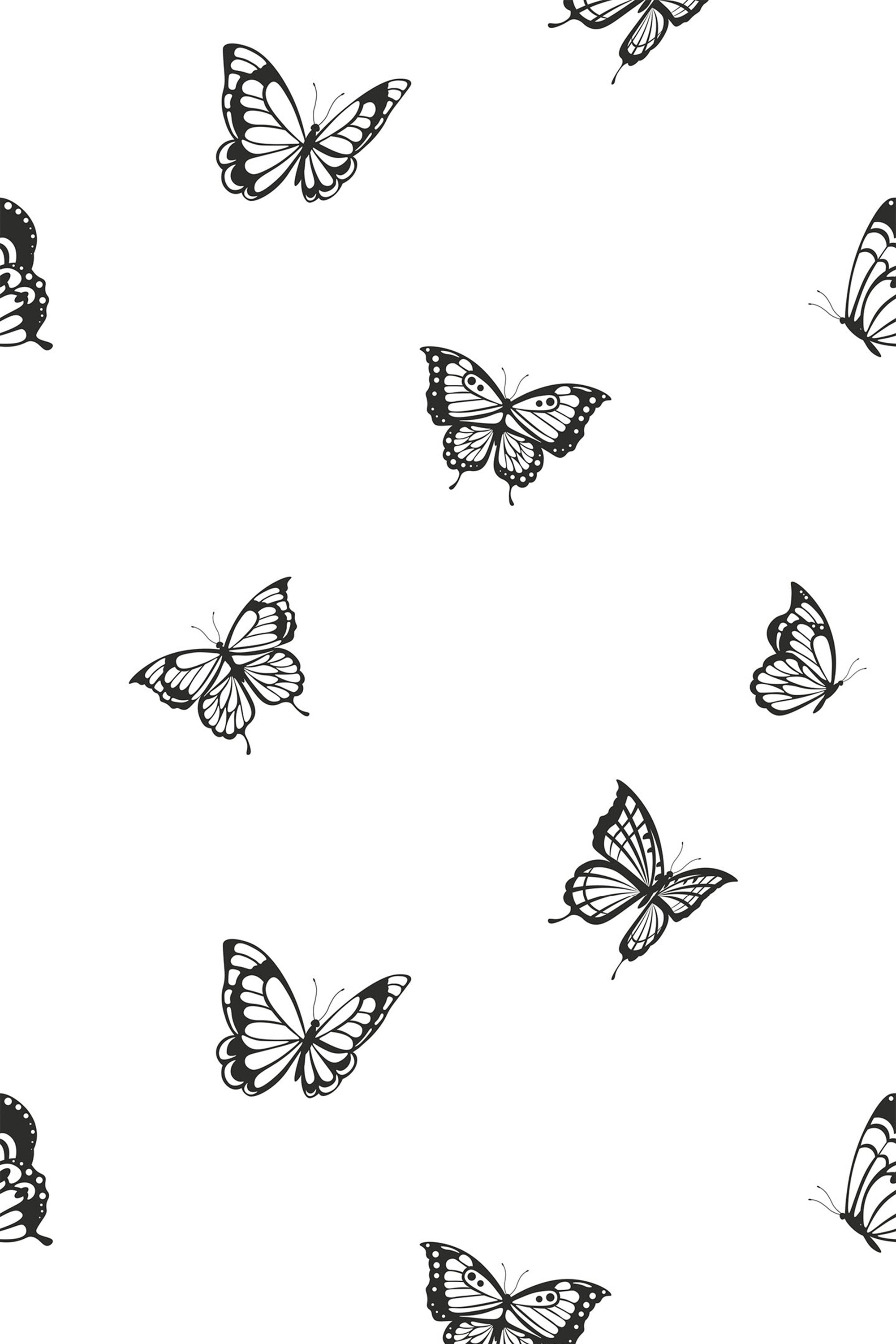 Black and white butterflies are scattered across a plain white background in a simple, minimalist style with delicate butterfly designs. Peel and stick removable wallpaper.