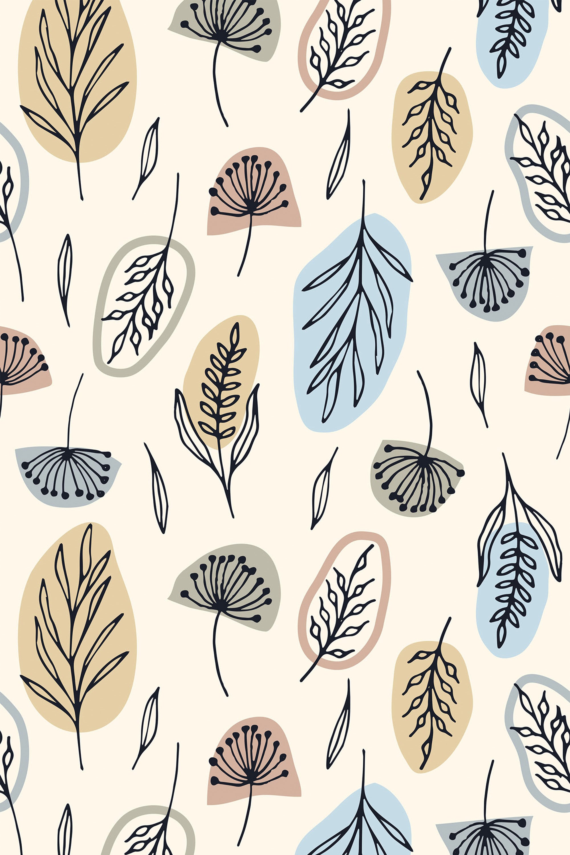 Colorful boho leaves in various shapes and sizes, outlined in black, layered over soft beige, mustard yellow, muted blue, and light gray backgrounds with a cream base. Peel and stick removable wallpaper.