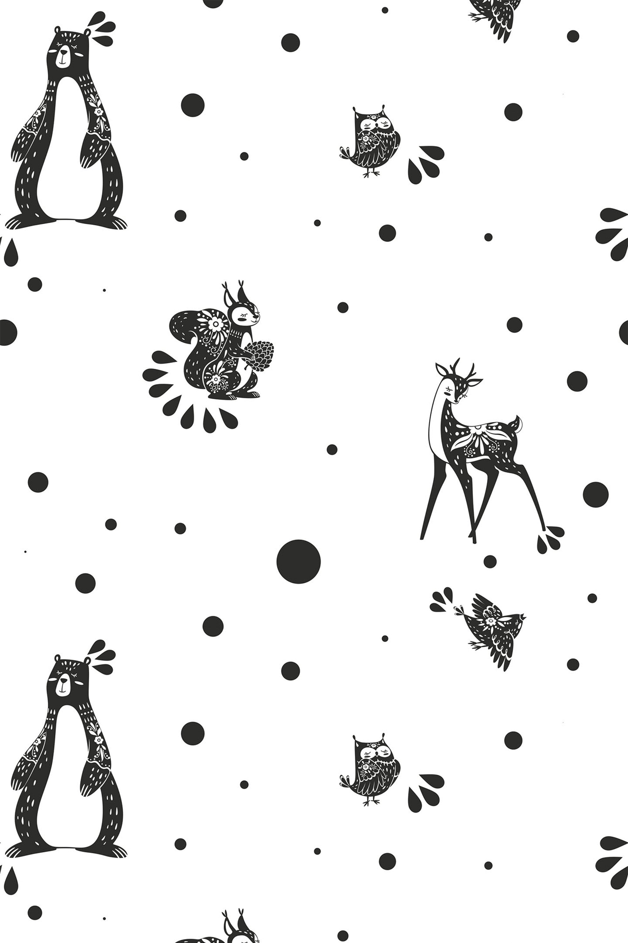 A black and white pattern with whimsical forest animals including bears, owls, squirrels, deer, and birds, surrounded by scattered dots on a white background, peel and stick removable wallpaper.