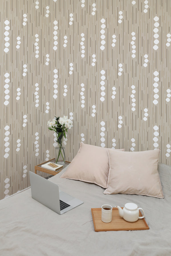 temporary wallpaper neutral pattern cozy romantic bedroom interior
