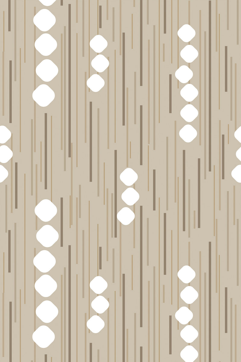 Vertical lines in varying shades of beige, tan, and brown are interspersed with diamond-shaped clusters of white circles repeating in a pattern across a light taupe background. Peel and stick removable wallpaper.