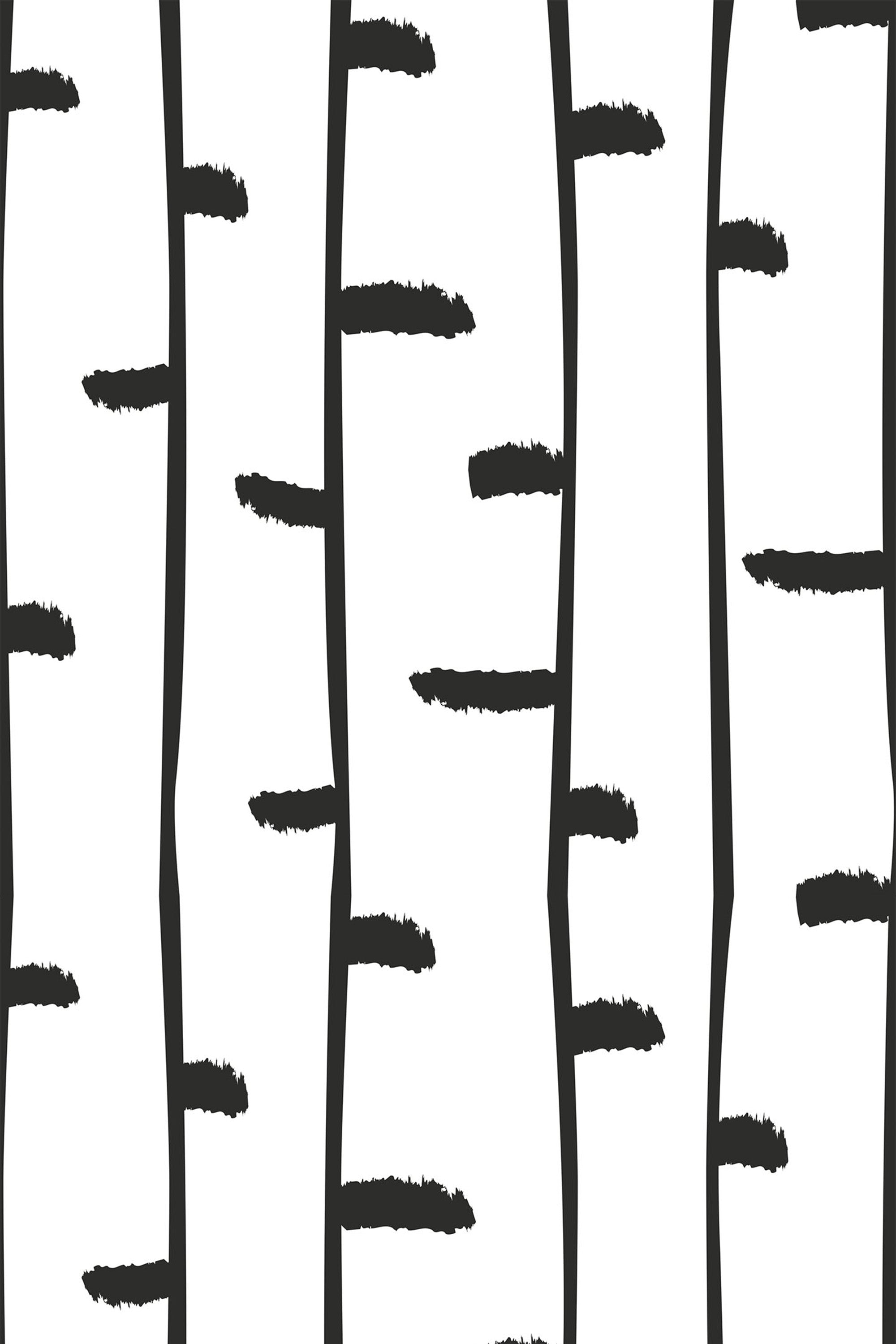 Simplistic black birch tree trunks with minimal horizontal marks, evenly spaced on a white background. Peel and stick removable wallpaper.