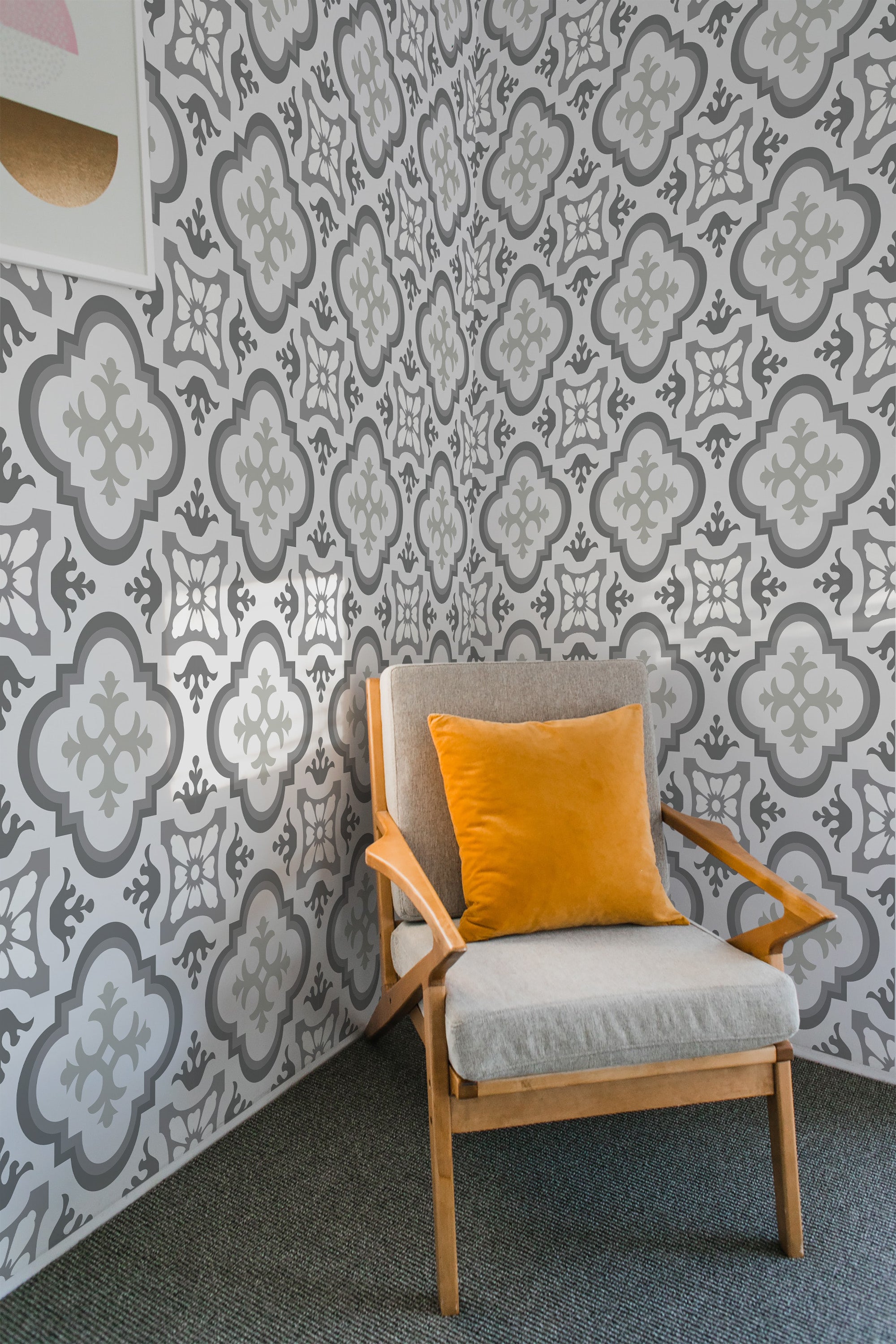 Gray wallpaper with a classic French tile pattern in light and dark gray tones, featuring intricate, symmetrical shapes and floral motifs. Traditional wallpaper.