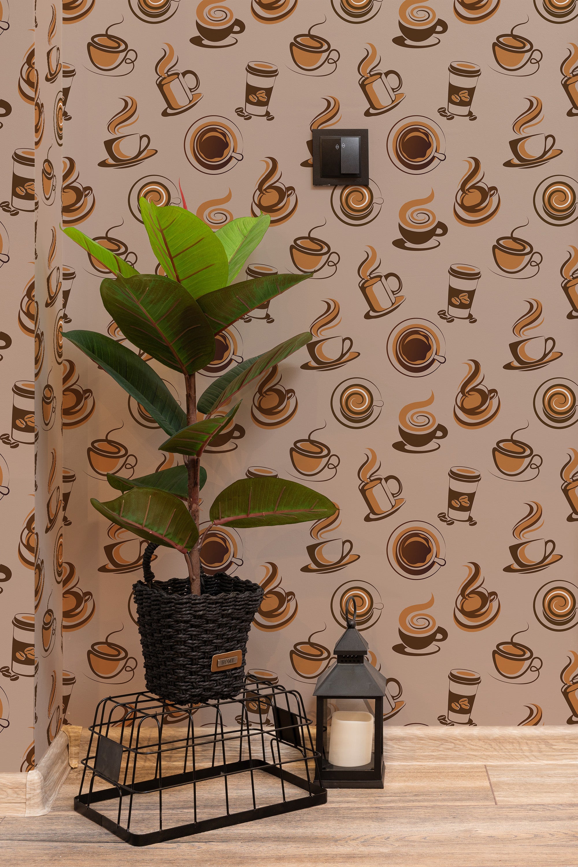 Self-adhesive wallpaper with a cafe-themed design of coffee cups, saucers, steaming mugs, and coffee beans in various shades of brown and beige on a warm beige background.